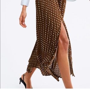 Zara High Waisted Polka Dot Pleated Midi Skirt Brown White Size XS